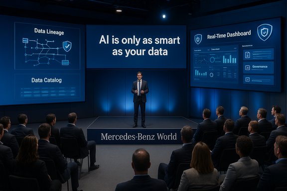 A presenter at Mercedes-Benz World delivers AI data slides to an attentive audience.