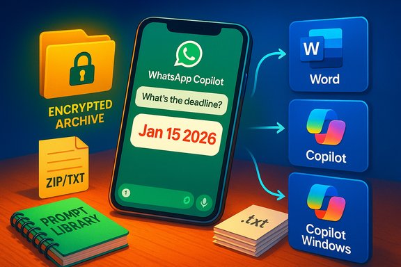 Phone shows WhatsApp Copilot displaying a deadline, with Word and Copilot icons nearby. Phone shows WhatsApp Copilot displaying a deadline, with Word and Copilot icons nearby.