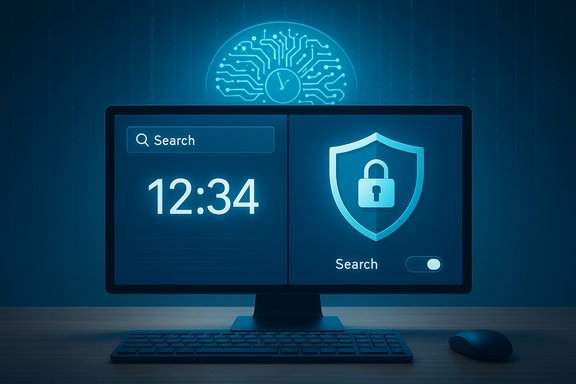 A computer screen displays a search panel and a glowing security shield.