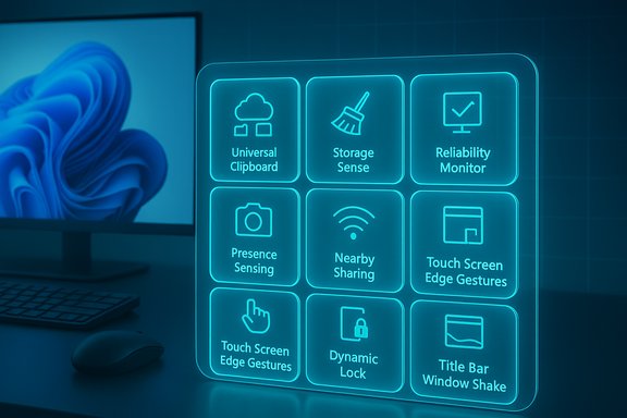 A blue neon holographic panel displays icons for Universal Clipboard, Storage Sense, and more.