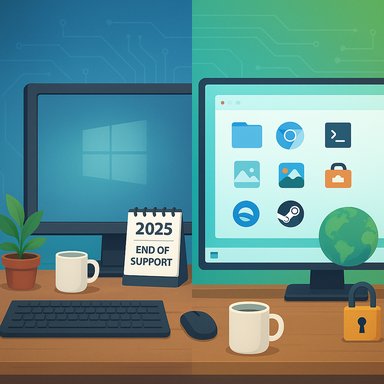 Two computer desks: left warns of Windows 2025 end of support; right shows app icons and a lock.