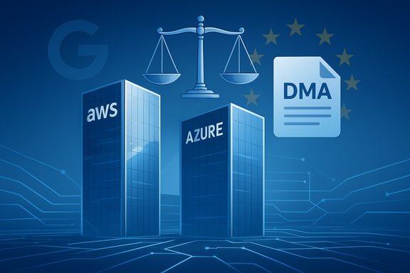 Blue tech scene featuring AWS and Azure towers, scales of justice, and a DMA document symbolizing EU data regulation.