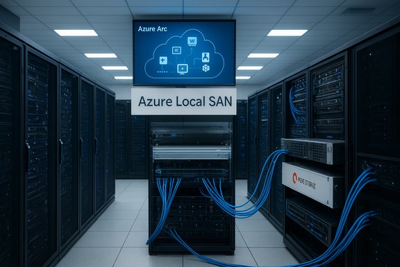 Azure Local SAN storage in a data center with rack-mounted servers and blue network cables.