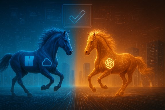 Two neon horses face off in a glowing city—blue with Windows/cloud logos vs. orange with a spiral emblem.