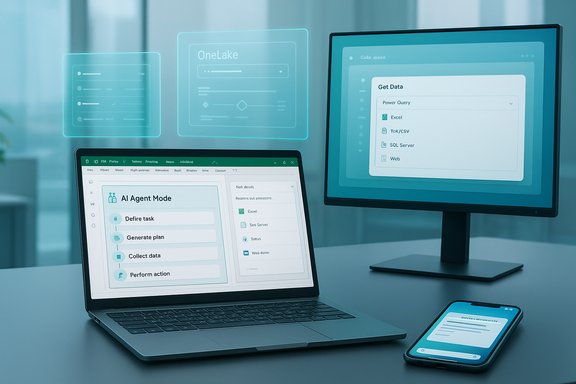 A laptop displays AI Agent Mode tasks beside a monitor and smartphone in a futuristic data workspace.