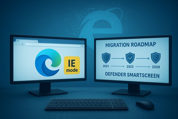 Two monitors show Edge IE mode and a migration roadmap for Defender SmartScreen.
