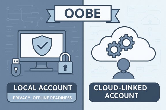 OOBE split: choose between a local offline account and a cloud‑linked account.