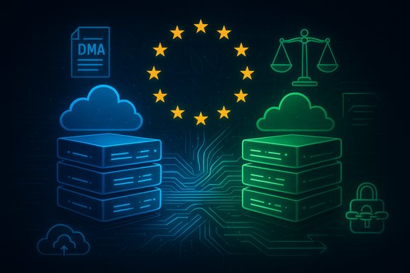 EU data security and cloud infrastructure with DMA document, servers, scales, and a padlock.