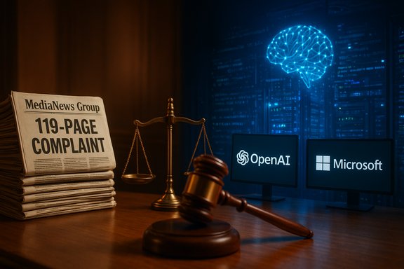 Judicial gavel and scales flank a 119-page complaint as OpenAI and Microsoft logos glow on screens.