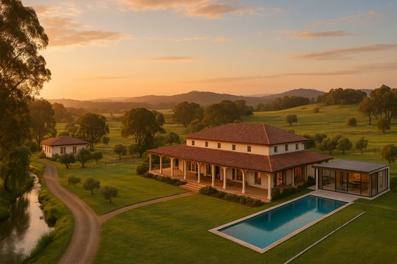 Golden-hour countryside estate with a long veranda, pool, and rolling green hills.
