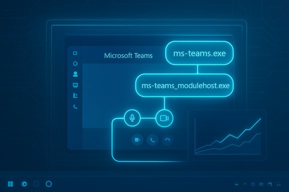 Neon blue diagram illustrating Microsoft Teams architecture with executable modules.