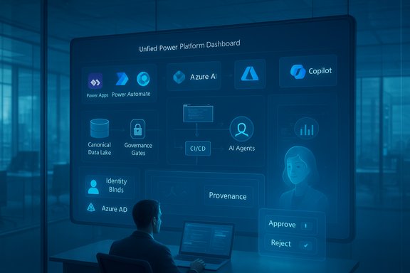 A person sits at a desk, viewing a large blue dashboard titled 'Unified Power Platform Dashboard'.
