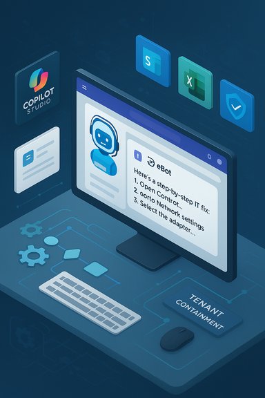 Isometric workspace featuring a chatbot on screen and floating app icons.