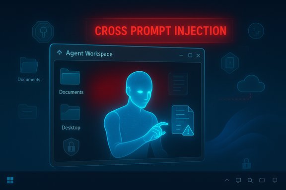 A blue holographic agent workspace displays a red 'CROSS PROMPT INJECTION' warning.