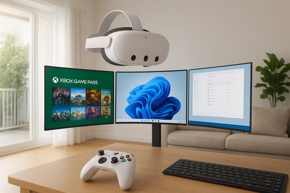 Triple-monitor setup with a hovering VR headset, Xbox Game Pass on the left display, and a game controller on the desk.