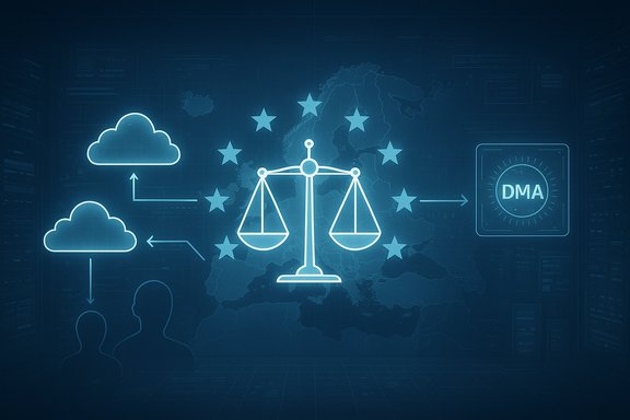 EU cloud data governance and DMA depicted by scales of justice over Europe.