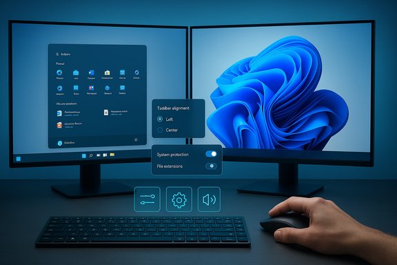 Two-monitor setup with blue UI overlays showing taskbar alignment and system settings, mouse in hand.