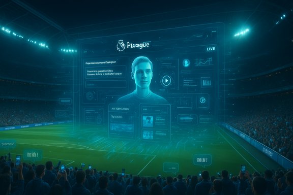 A blue holographic UI with a 3D avatar hovering over a packed stadium.