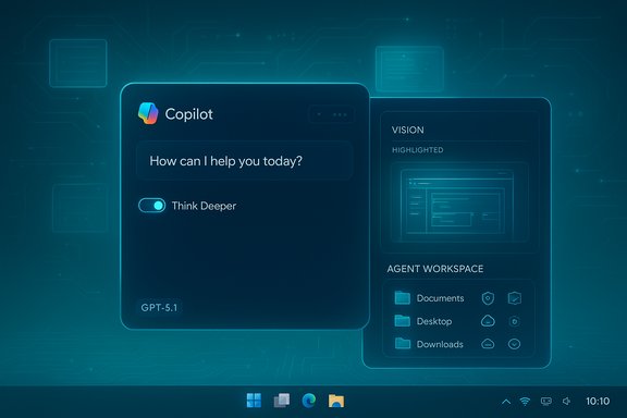 Futuristic Copilot chat UI with 'How can I help you today?' and a Think Deeper toggle on a glowing circuit backdrop.