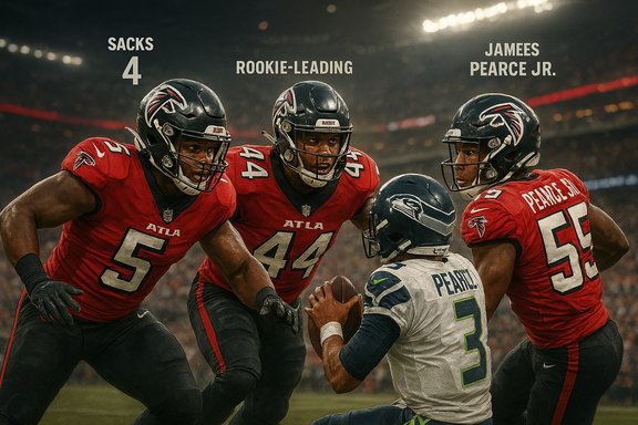 Falcons swarm the Seahawks quarterback during a tense rush.