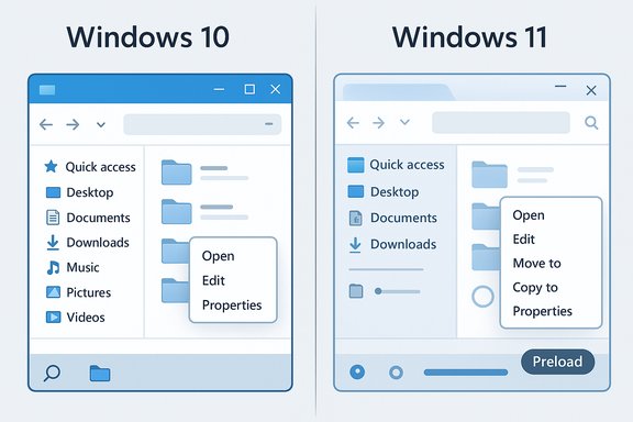 Side-by-side comparison of Windows 10 and Windows 11 file explorer UI.