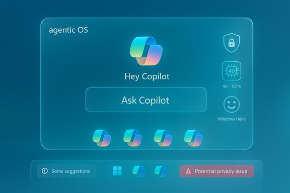 Futuristic translucent UI for agentic OS featuring Copilot logo and an 'Ask Copilot' button.