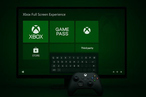 Xbox Full Screen Experience: green tile dashboard with Xbox, Game Pass, Store, and a controller.