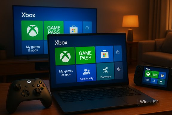 Xbox UI shown across TV, laptop, and handheld device in a cozy living room.