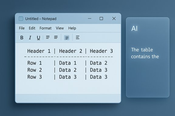 A Notepad-style window shows a three-column table with headers and rows, next to an AI panel.