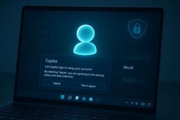 A laptop screen shows a Copilot sign-in prompt with 'Agree' or 'Don't agree' options.
