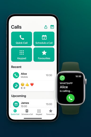 iPhone calls app UI with Quick Call and Keypad; Apple Watch shows an incoming WhatsApp call from Alice. iPhone calls app UI with Quick Call and Keypad; Apple Watch shows an incoming WhatsApp call from Alice.