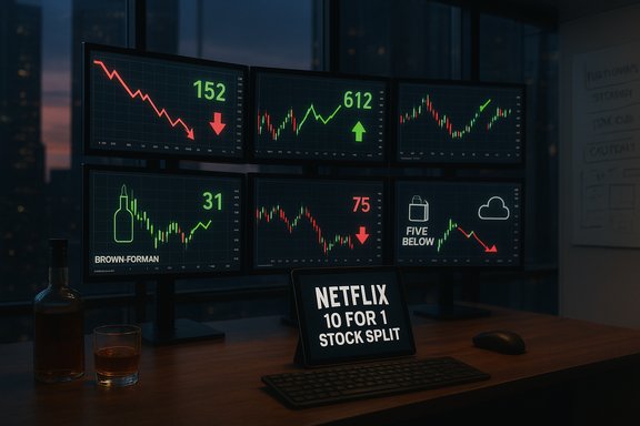 Six-monitor trading desk displaying stock charts, with a tablet announcing Netflix 10-for-1 stock split.
