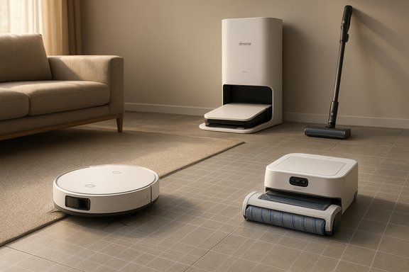 Cozy living room with multiple cleaning robots: round robotic vacuum, floor-mopping robot, and a stick vacuum.