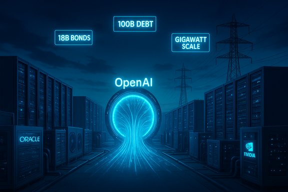 Neon OpenAI gateway glows between rows of servers, with floating blue labels like 18B BONDS and 100B DEBT.