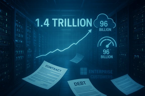 Data center with a rising chart, cloud metrics of 1.4 trillion and 96 billion, and papers labeled debt and contract.