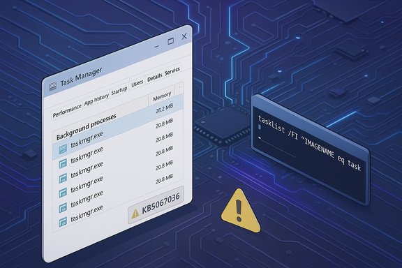 Futuristic Windows-like Task Manager showing background processes on a circuit-board backdrop with a warning symbol.