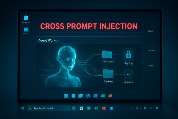 A futuristic UI shows 'CROSS PROMPT INJECTION' with holographic documents, signing, and security icons.