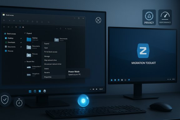Dual-monitor setup featuring a dark Windows explorer window and a Migration Toolkit screen, with a blue glowing orb and keyboard/mouse.