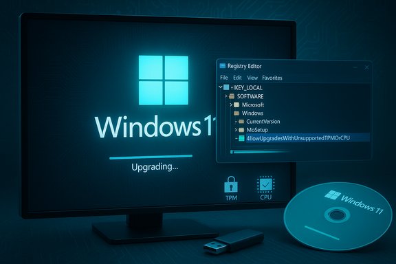 Windows 11 upgrade in progress, with a Registry Editor window open.