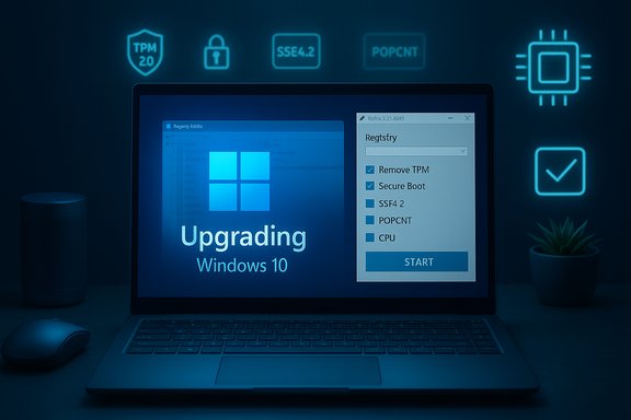 A laptop displays an “Upgrading Windows 10” screen with a right-side settings panel.
