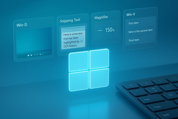 Blue-tinted Windows UI with a glowing four-square logo and floating feature cards.