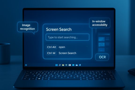 Blue-tinted laptop screen showing a futuristic screen-search UI with image recognition and OCR.