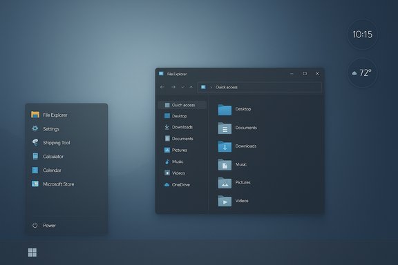 Dark blue Windows desktop with a Start menu and a File Explorer window showing quick-access folders.
