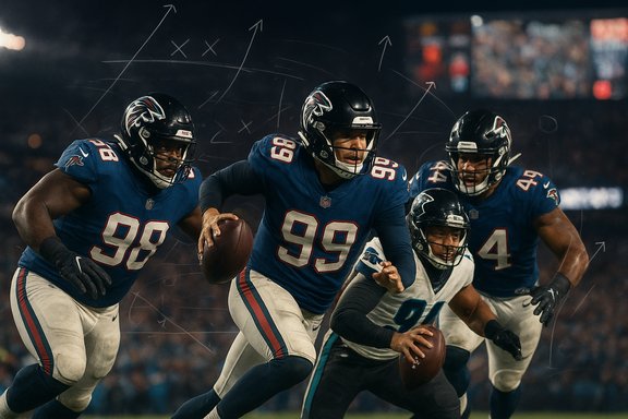 Denver Broncos players in blue jerseys surge downfield on a key running play.