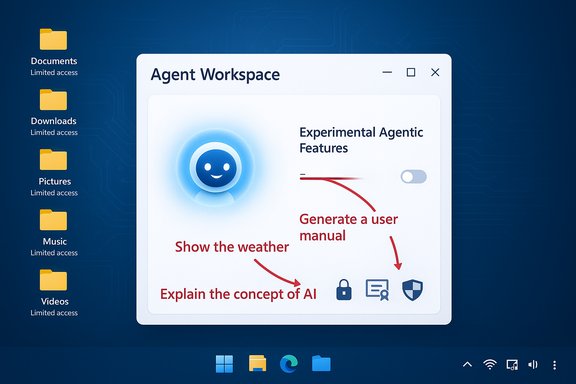 Blue desktop with Agent Workspace window showing AI features and a smiling avatar.
