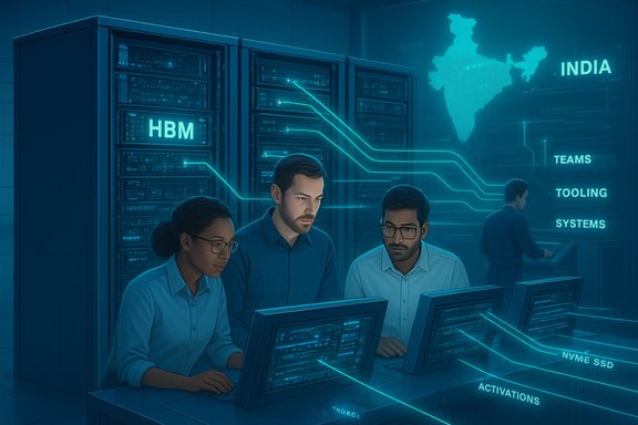 Three engineers monitor holographic data streams in a high-tech server room.