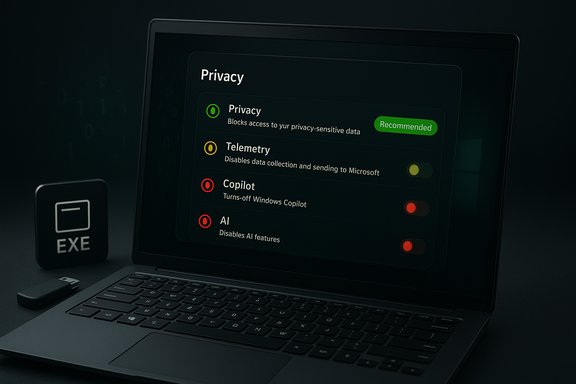 Dark laptop screen shows a Privacy settings panel with toggles for Privacy, Telemetry, Copilot, and AI.