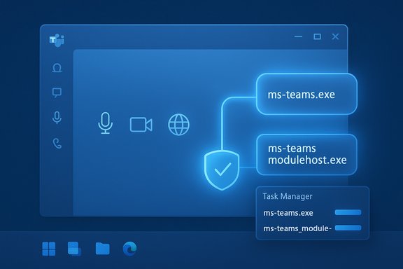 Blue dashboard shows Teams app with ms-teams.exe and ms-teams_modulehost.exe.
