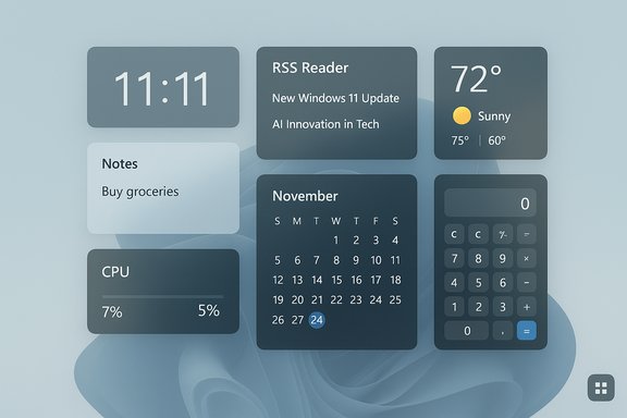 Futuristic dashboard with rounded widgets displaying time, weather, notes, calendar, and calculator.