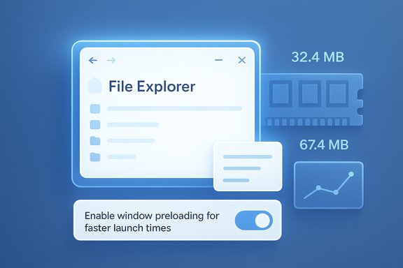 Blue UI concept showing File Explorer with a preloading toggle and storage metrics.